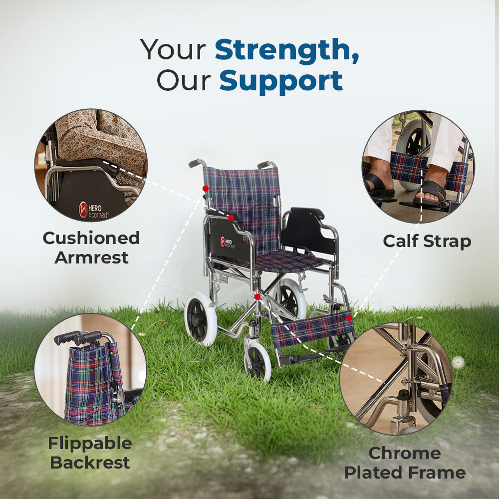 Hero Ecomed - MHL 1004-X Manual Wheelchair | Compact Foldable wheelchair | Antimicrobial Upholstery | Easy Portable Wheel chair for senior citizens & Patients | 100 kg Capacity