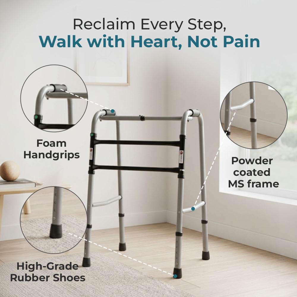 Hero Ecomed - Liberty 101 W | Foldable Walker | Heavy-Duty Double Bar Walking Aid | Anti-Slip Rubber | Mobility Support for Elderly & Injury Recovery | 100 kg Capacity