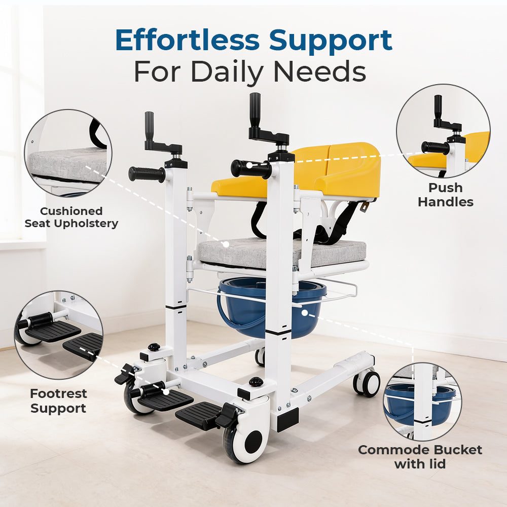 Hero Ecomed ReLive 201 T | MS Transfer Chair with Commode | Castor Wheels & Detachable Seat | Multifunction Home Care Commode Chair for Elderly, Disabled & Bedridden Patients | Capacity 150 kg