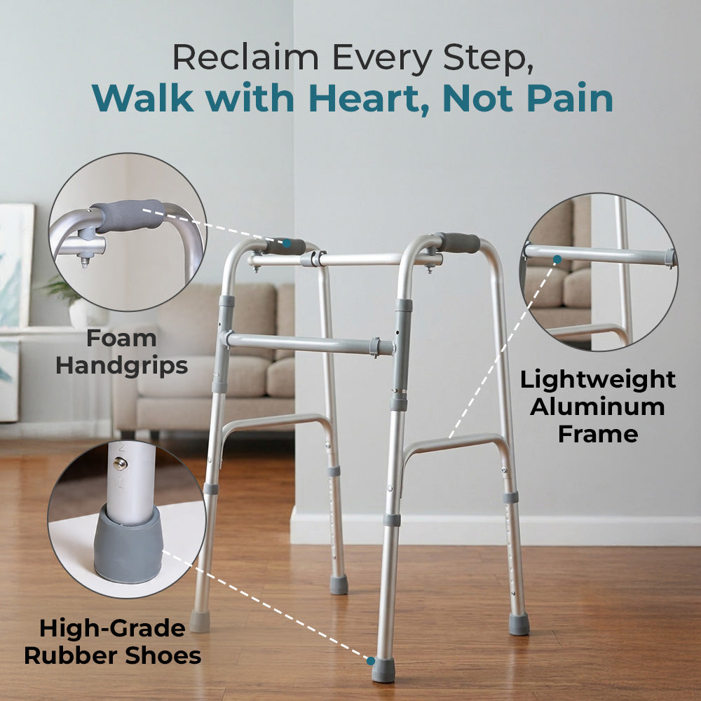 Hero Ecomed - Liberty 203 W | Foldable Walker | Lightweight Adjustable Aluminium Walking Aid with Anti-Slip Rubber Legs | Height Adjustable | Mobility Support for Elderly, Injury Recovery & Daily Walking Use