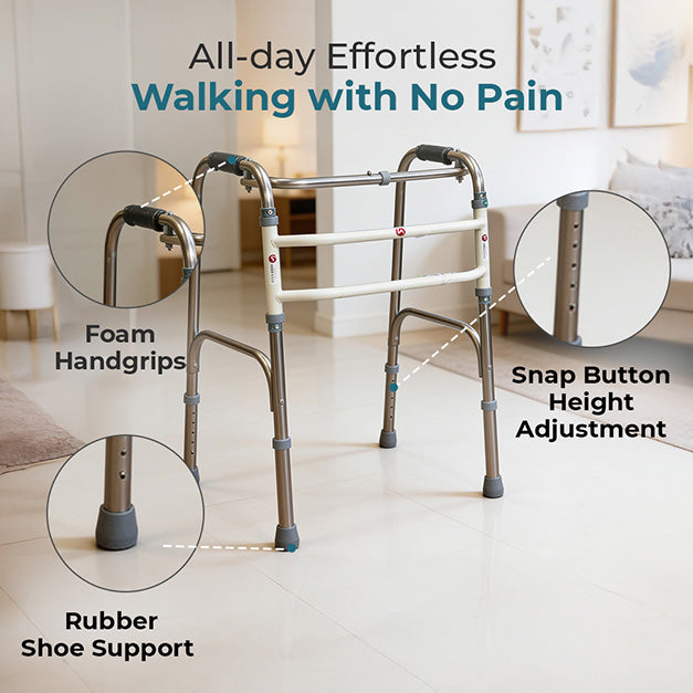 Hero Ecomed Liberty 205 W | Lightweight Stainless Steel Reciprocal Walking Aid | 6-Level Snap Button Height Adjustment | Foldable Walker for Adults | Capacity 100 kg