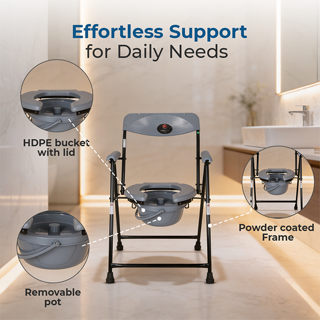 Hero Ecomed ReLive 103 C | Commode Chair | Powder Coated Frame | Foldable | Padded Seat | Height Adjustable | Removable Pot | Commode Chair For Patients & Elderly