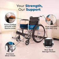 Hero Ecomed Winn 102 S | Manual Wheelchair | Powder Coated Frame | Foldable Backrest | Propelling Ring | Detachable Footrest | Easy Portable Wheelchair For Patients & Elderly | 100 kg Capacity