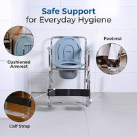 Hero Ecomed ReLive 208 C | Commode Chair with Footrest | Chrome Plated Frame | Foldable | Padded Seat | Height Adjustable | Removable Pot | For Patients & Elderly