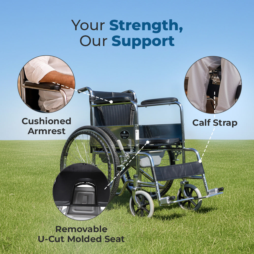 Hero Ecomed- Winn 202 C Manual Commode Wheelchair | Foldable Chrome Frame | Detachable Commode Bucket | Portable Wheelchair for Patients & Elderly | 100 kg Capacity