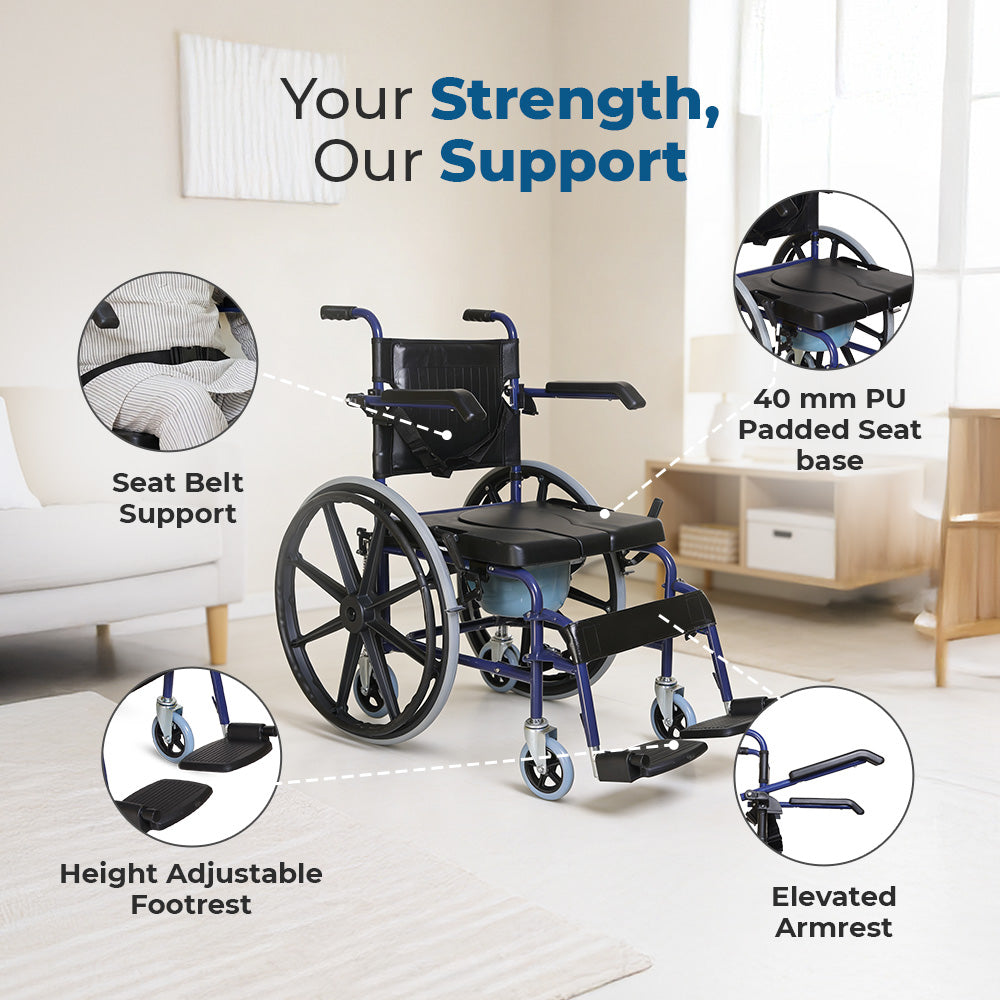 Hero Ecomed Winn 304 C | Manual Wheelchair with Propelling Ring  | Powder Coated MS Frame | High Back wheelchair | Commode Provision | For Patients & Elderly | 120 kg Capacity