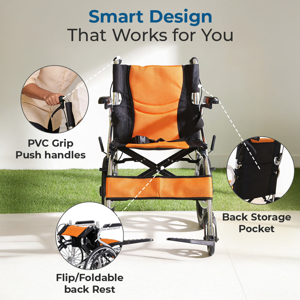 Hero Ecomed Winn 202 L | Lightweight Manual Aluminium Wheelchair | Foldable Frame | Flippable Backrest | Attendant Brake | Easy Portable Wheelchair For Patients & Elderly | 100 kg Capacity