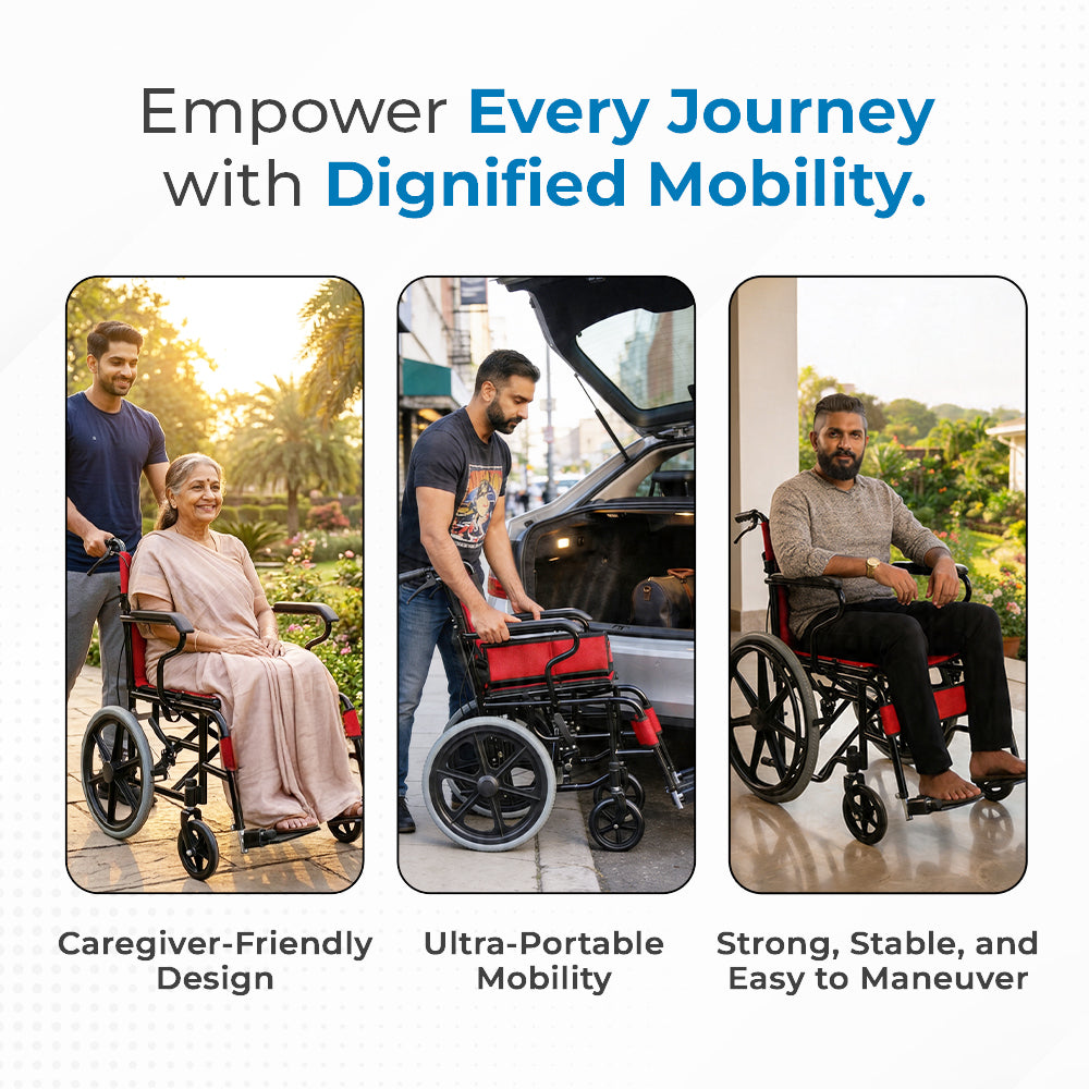 Hero Ecomed - Winn 201 T | Manual Wheelchair | Lightweight Foldable Attendant Mobility with Brakes & Compact Rear Wheels | Portable Transport Wheelchair for Elderly & Patients