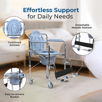 Hero Ecomed ReLive 209 C | Commode Chair with Footrest & Wheels | Chrome Plated Frame | Foldable | Padded Seat | Removable Pot | Mobile Commode Chair For Patients & Elderly