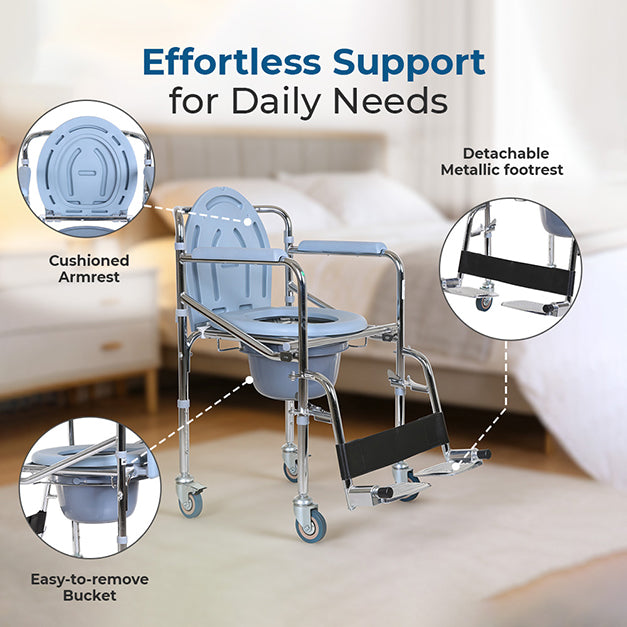 Hero Ecomed ReLive 209 C | Commode Chair with Footrest & Wheels | Chrome Plated Frame | Foldable | Padded Seat | Removable Pot | Mobile Commode Chair For Patients & Elderly