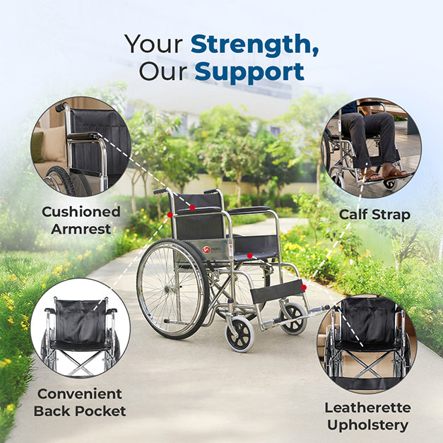Hero Ecomed - Winn 201 S Manual Foldable Wheelchair | Height-Adjustable Chrome Frame | Propelling Ring | Portable Wheelchair Mobility Chair  for Elderly & Patients | 100 kg Capacity