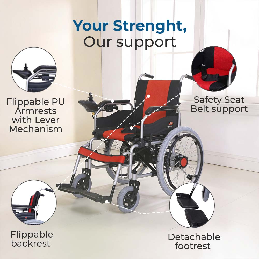 Hero Ecomed E-Winn 202 I | Electric Wheelchair | Strong MS Frame | LFP Lithium Battery | Flippable Armrest | 5-Speed Controller | Electric Wheelchair For Patients & Elderly | 110 kg capacity