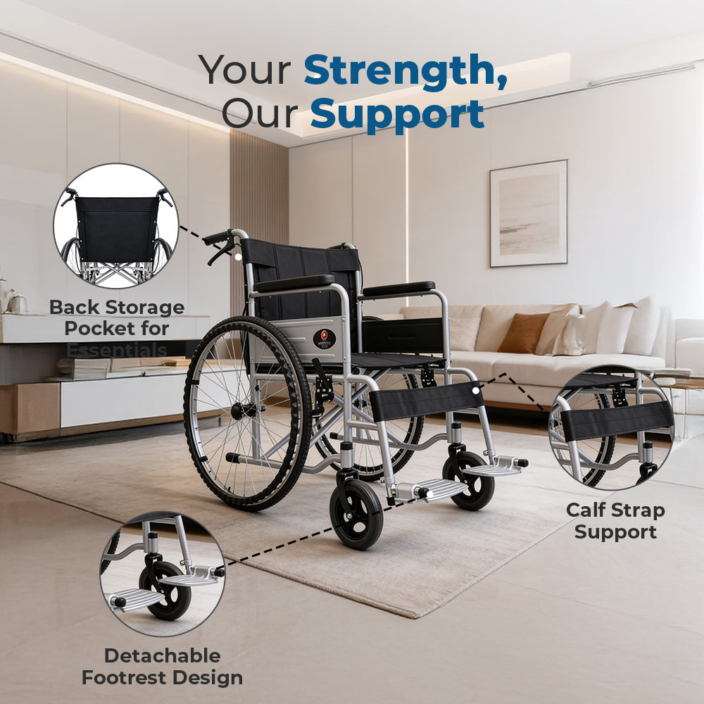 Hero Ecomed Winn 101 S | Manual Wheelchair | Powder Coated Frame | Foldable Backrest | Propelling Ring | Attendant Brake | Easy Portable Wheelchair For Patients & Elderly | 100 kg Capacity