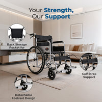 Hero Ecomed Winn 101 S | Manual Wheelchair | Powder Coated Frame | Foldable Backrest | Propelling Ring | Attendant Brake | Easy Portable Wheelchair For Patients & Elderly | 100 kg Capacity