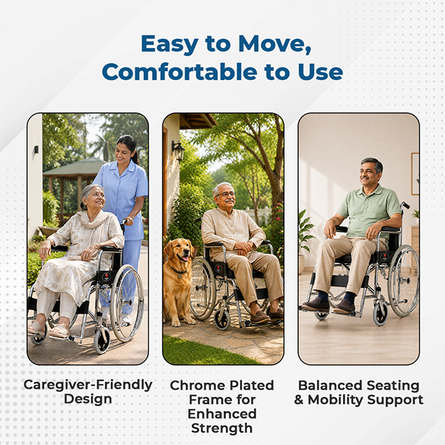 Hero Ecomed Winn 202 S | Manual Wheelchair | Chrome Plated Strong MS Frame | Foldable Wheelchair | Detachable Footrest | Wheelchair For Patients & Elderly | 100 kg Capacity