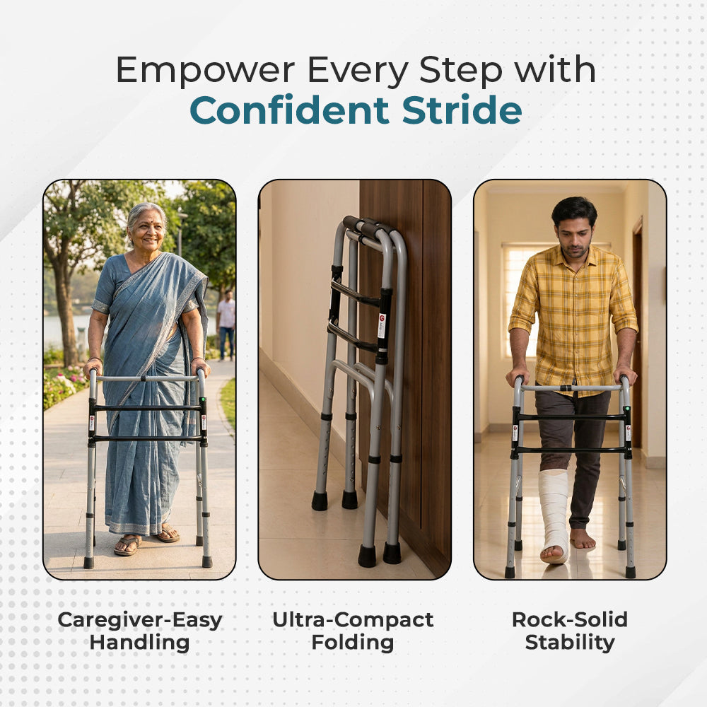 Hero Ecomed - Liberty 101 W | Foldable Walker | Heavy-Duty Double Bar Walking Aid | Anti-Slip Rubber | Mobility Support for Elderly & Injury Recovery | 100 kg Capacity