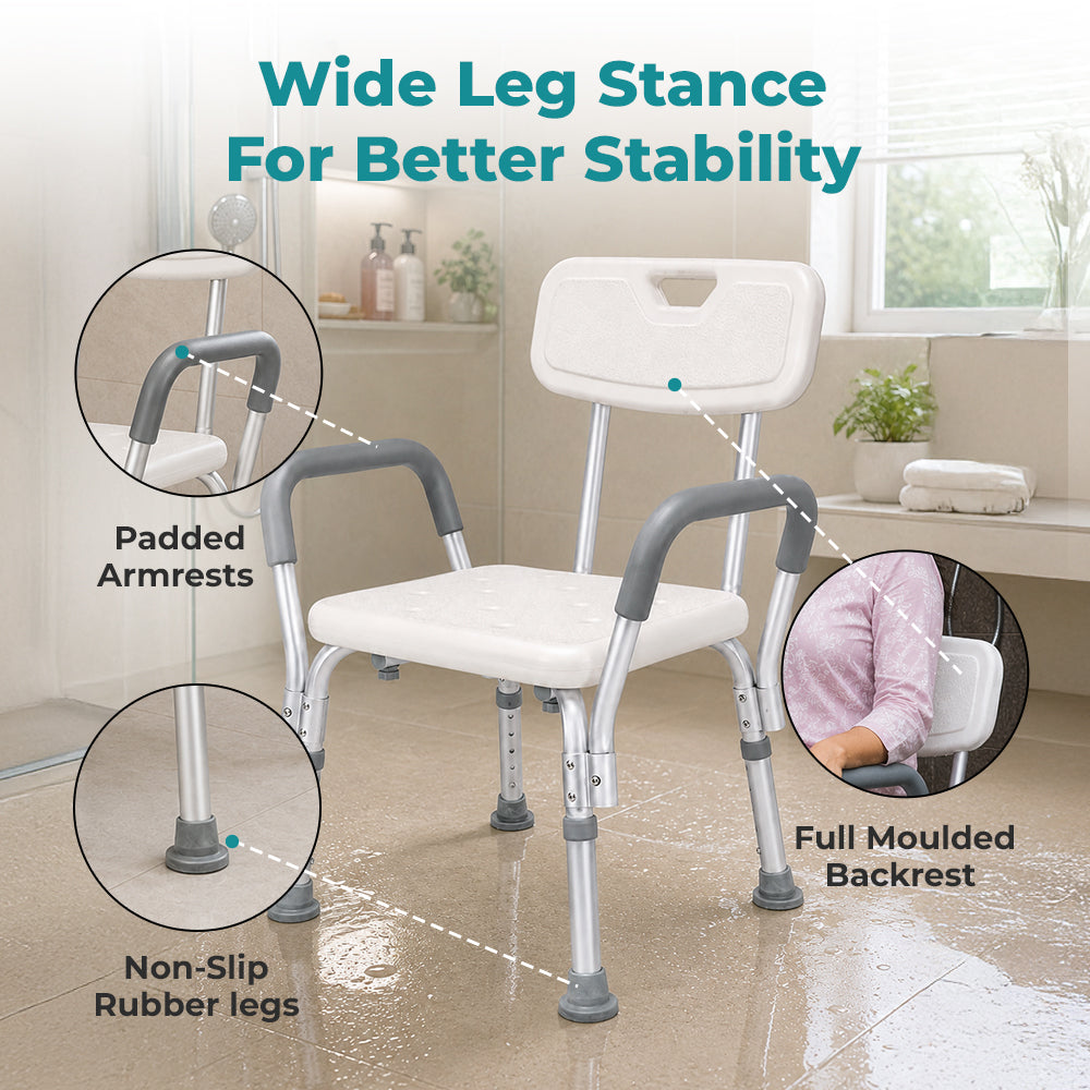 Hero Ecomed ReLive 102 Q | Aluminium Shower Chair with Backrest & Armrest | Adjustable Height Bathroom Chair | Non-Slip Bathing Chair for Adults & Recovery Patients | Capacity 100 kg