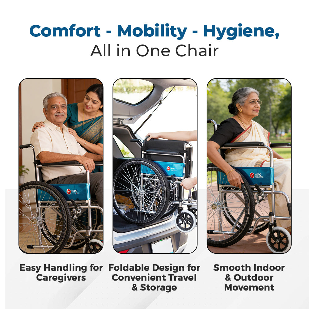 Hero Ecomed Winn 102 S | Manual Wheelchair | Powder Coated Frame | Foldable Backrest | Propelling Ring | Detachable Footrest | Easy Portable Wheelchair For Patients & Elderly | 100 kg Capacity