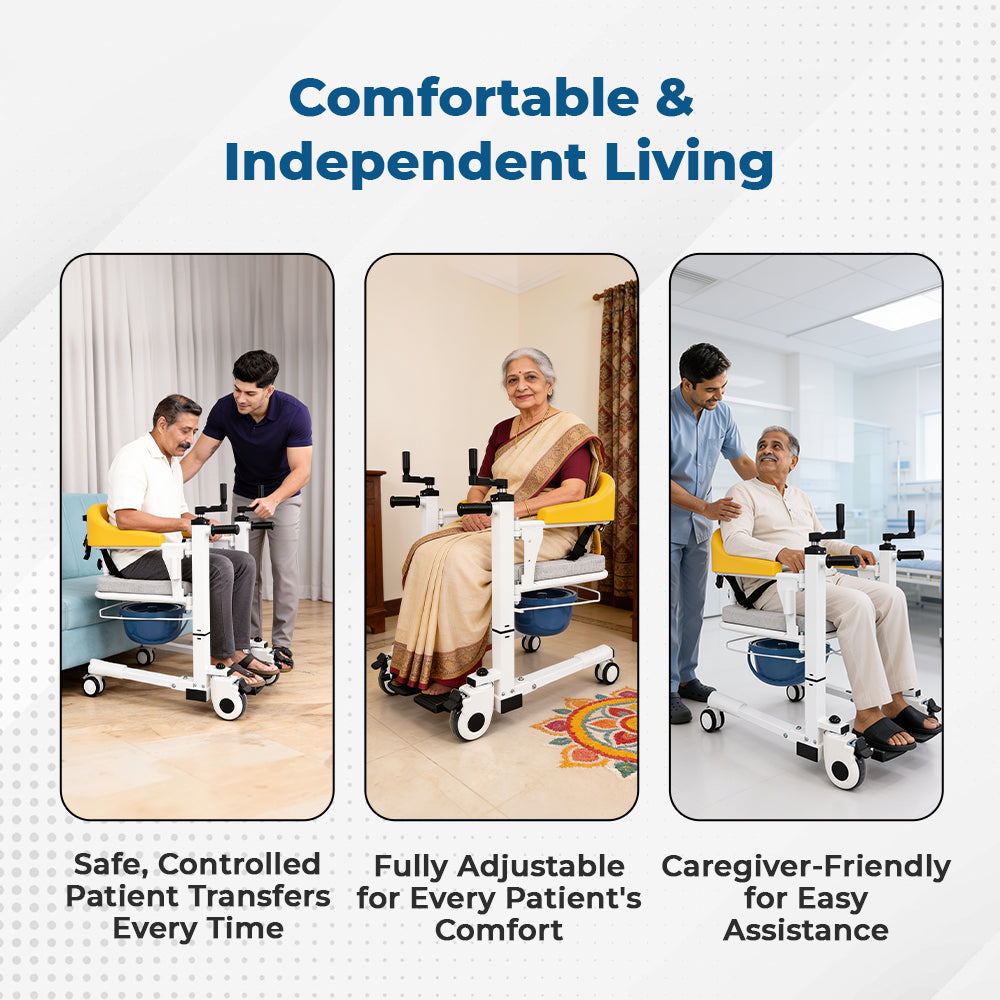 Hero Ecomed ReLive 201 T | MS Transfer Chair with Commode | Castor Wheels & Detachable Seat | Multifunction Home Care Commode Chair for Elderly, Disabled & Bedridden Patients | Capacity 150 kg