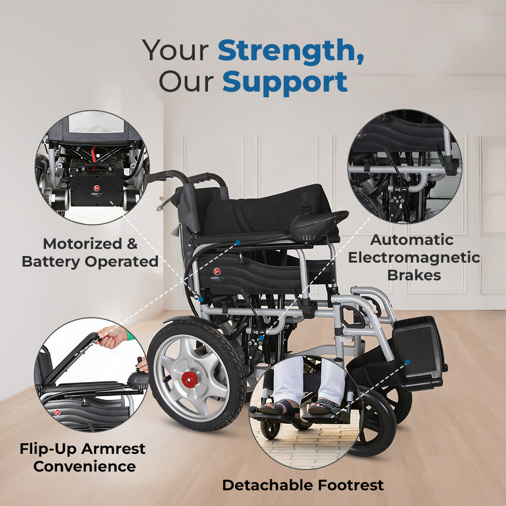 Hero Ecomed - E-Winn 201 I | Electric Foldable Wheelchair | Lithium Battery | Strong MS Frame | 5-Speed Joystick controls | Portable Motorized Wheelchair for Indoor & Outdoor Use | 100 kg Capacity