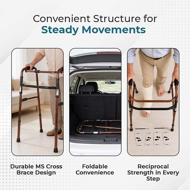 Hero Ecomed Liberty 202 W | Aluminium Reciprocal Walking Aid | 8-Level Snap Button Height Adjustment | Lightweight Foldable Walker for Adults | Capacity 100 kg