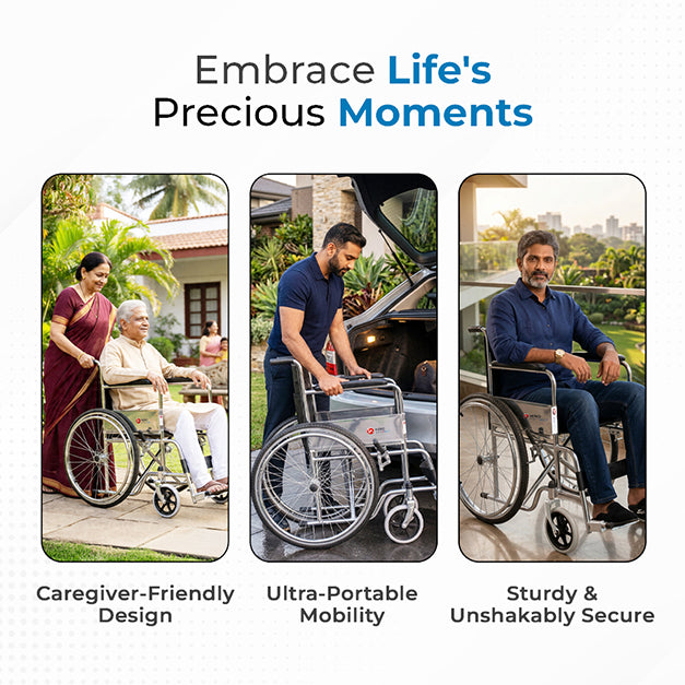 Hero Ecomed - Winn 201 S Manual Foldable Wheelchair | Height-Adjustable Chrome Frame | Propelling Ring | Portable Wheelchair Mobility Chair  for Elderly & Patients | 100 kg Capacity