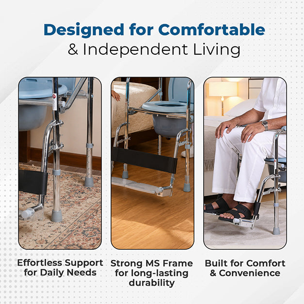 Hero Ecomed ReLive 208 C | Commode Chair with Footrest | Chrome Plated Frame | Foldable | Padded Seat | Height Adjustable | Removable Pot | For Patients & Elderly