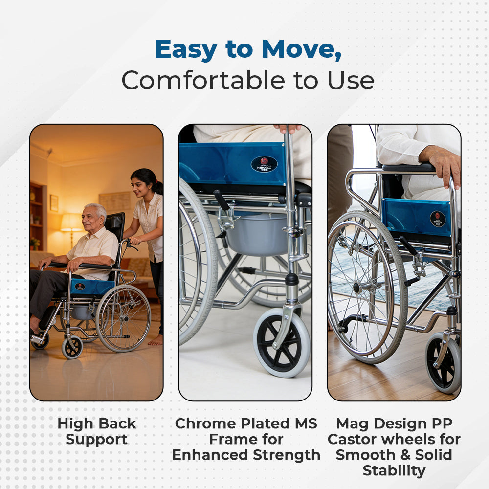 Hero Ecomed Winn 303 C | Manual Wheelchair with Propelling Ring | Chrome Plated MS Frame | High Back Foldable Wheelchair | Commode Provision | For Patients & Elderly | 100 kg Capacity