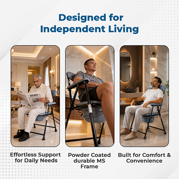 Hero Ecomed ReLive 103 C | Commode Chair | Powder Coated Frame | Foldable | Padded Seat | Height Adjustable | Removable Pot | Commode Chair For Patients & Elderly