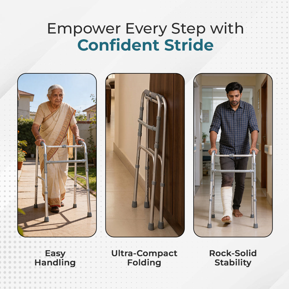 Hero Ecomed - Liberty 203 W | Foldable Walker | Lightweight Adjustable Aluminium Walking Aid with Anti-Slip Rubber Legs | Height Adjustable | Mobility Support for Elderly, Injury Recovery & Daily Walking Use