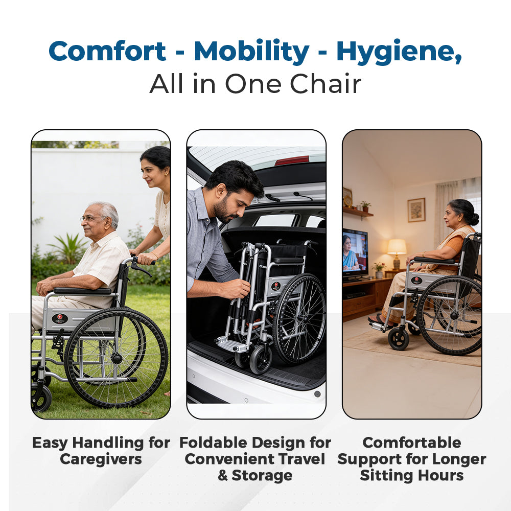 Hero Ecomed Winn 101 S | Manual Wheelchair | Powder Coated Frame | Foldable Backrest | Propelling Ring | Attendant Brake | Easy Portable Wheelchair For Patients & Elderly | 100 kg Capacity