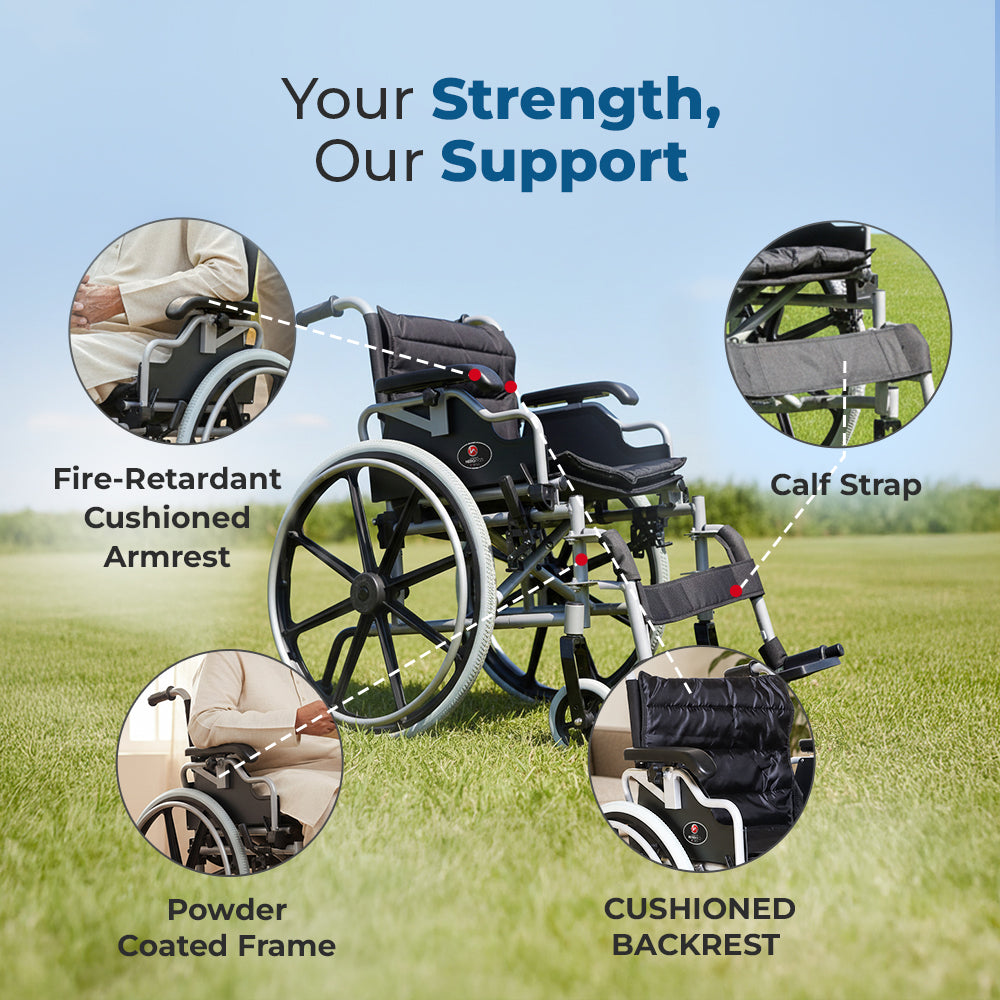 Hero Ecomed Winn 302 H | Heavy Duty Manual Wheelchair | Foldable Aluminium Frame | Anti-Tip | Flip-Up PU Armrest | Self-Propelled Wheelchair for Adults, Elderly & Patients | Capacity 120 kg