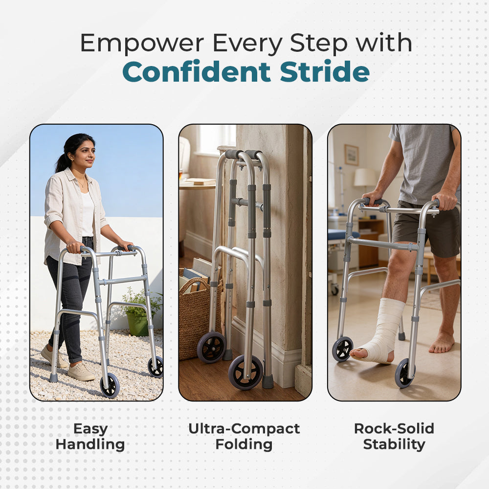 Hero Ecomed - Liberty 204 W | Foldable Walker  | Lightweight Adjustable Aluminum Reciprocal Walking Aid | Anti-Slip Rubber Legs | 100 kg Capacity | Mobility Support for Elderly & Injury Recovery