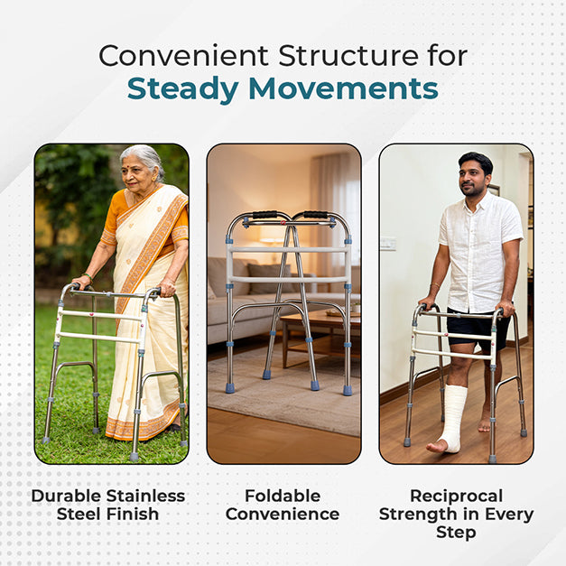 Hero Ecomed Liberty 205 W | Lightweight Stainless Steel Reciprocal Walking Aid | 6-Level Snap Button Height Adjustment | Foldable Walker for Adults | Capacity 100 kg
