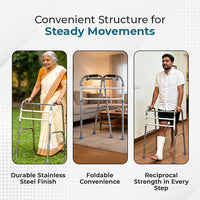 Hero Ecomed Liberty 205 W | Lightweight Stainless Steel Reciprocal Walking Aid | 6-Level Snap Button Height Adjustment | Foldable Walker for Adults | Capacity 100 kg