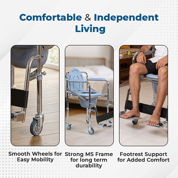 Hero Ecomed ReLive 209 C | Commode Chair with Footrest & Wheels | Chrome Plated Frame | Foldable | Padded Seat | Removable Pot | Mobile Commode Chair For Patients & Elderly
