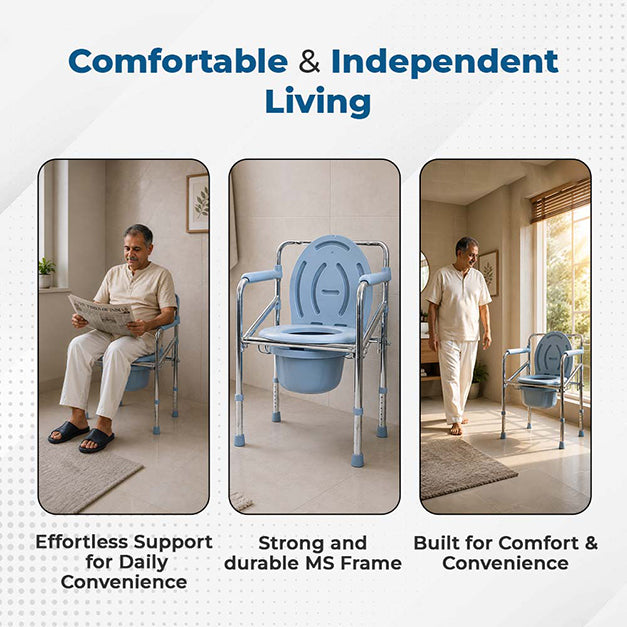 Hero Ecomed ReLive 205 C | Commode Chair | Chrome Plated Frame | Foldable | Height Adjustable | Removable Pot | Commode Chair For Patients & Elderly | Lightweight & Portable