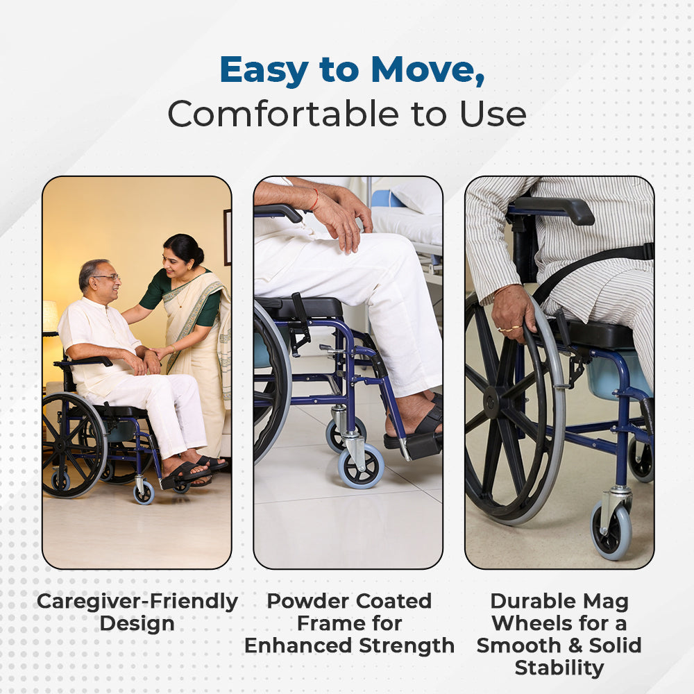 Hero Ecomed Winn 304 C | Manual Wheelchair with Propelling Ring  | Powder Coated MS Frame | High Back wheelchair | Commode Provision | For Patients & Elderly | 120 kg Capacity