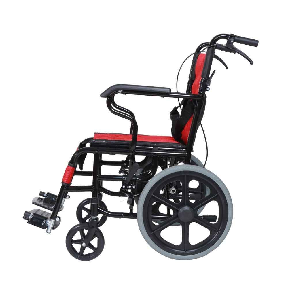 MHL 1004 Z - Lightweight Foldable Manual Wheelchair with attendant brakes and compact-size rear wheels